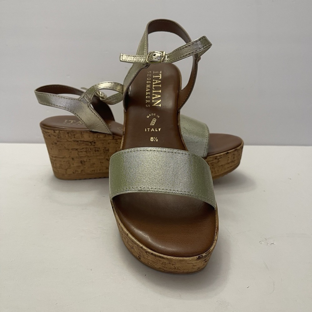 Italian Shoemakers Sandals Womens 8.5 Ankle Strap Gold Open Toe Wedge Heels